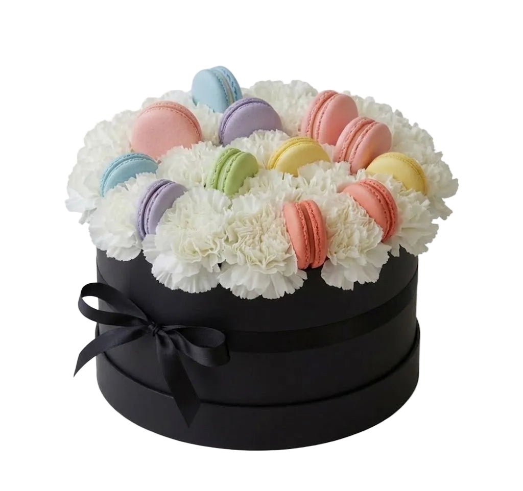 Luxury Box of Carnations with Macaroons - Florist London