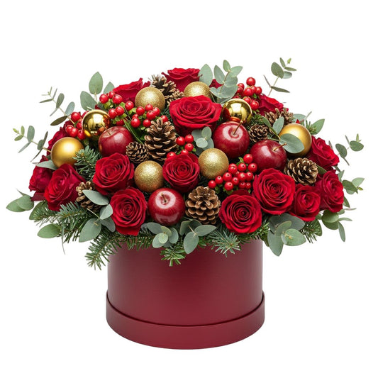 Luxury Christmas Box of Red Roses and Gold Baubles - Florist London