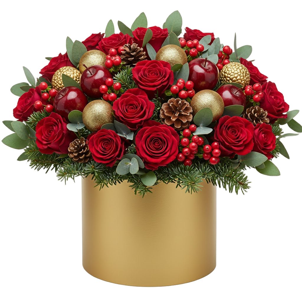 Luxury Christmas Box of Red Roses and Gold Baubles - Florist London