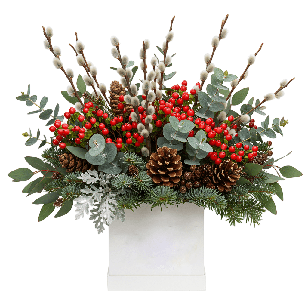Luxury Festive Box of Red Hypericum and Catkins - Florist London