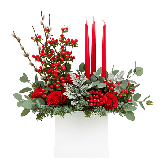 Luxury Holiday Box of Red Roses with Candles - Florist London