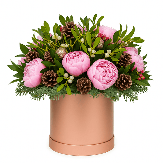 Luxury Pink Peonies with Mistletoe Holiday Box - Florist London