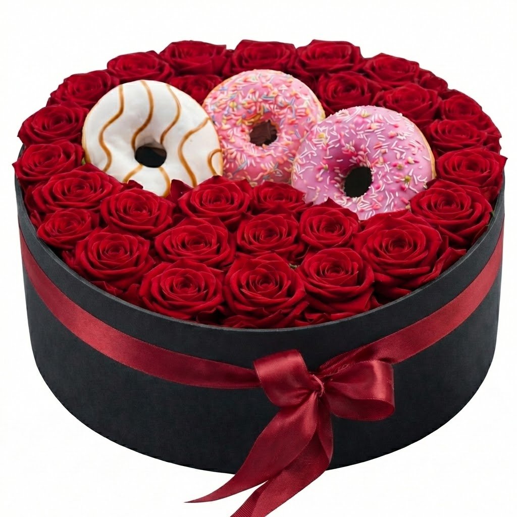Luxury Sweet Box Of Roses with Doughnut - Florist London