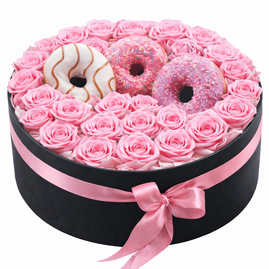 Luxury Sweet Box Of Roses with Doughnut - Florist London