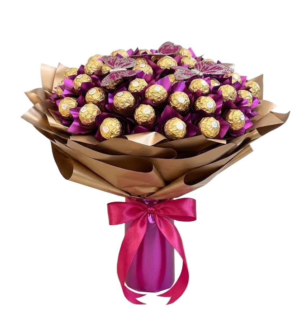 Magenta and Gold Bouquet of Chocolates with Butterfly - Florist London