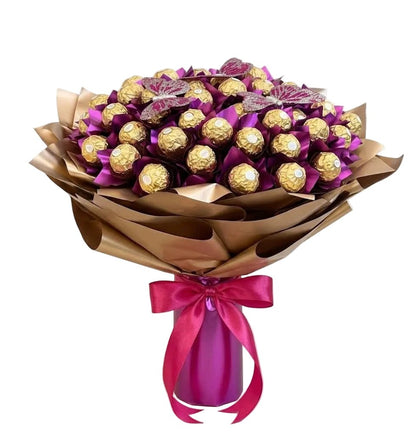 Magenta and Gold Bouquet of Chocolates with Butterfly - Florist London