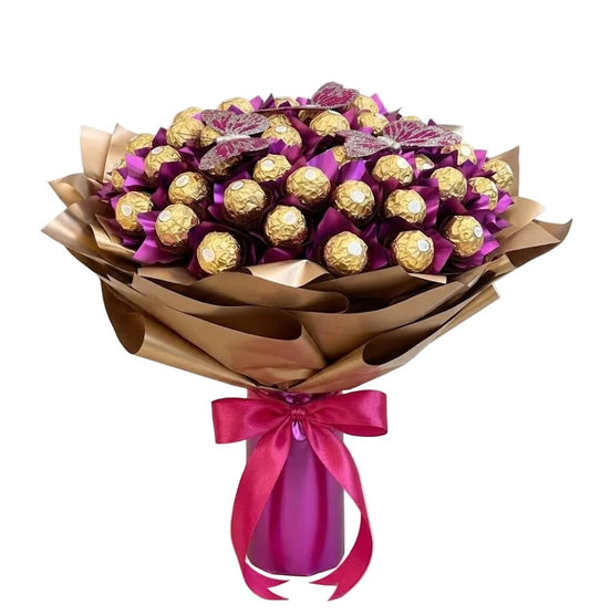 Magenta and Gold Bouquet of Chocolates with Butterfly - Florist London