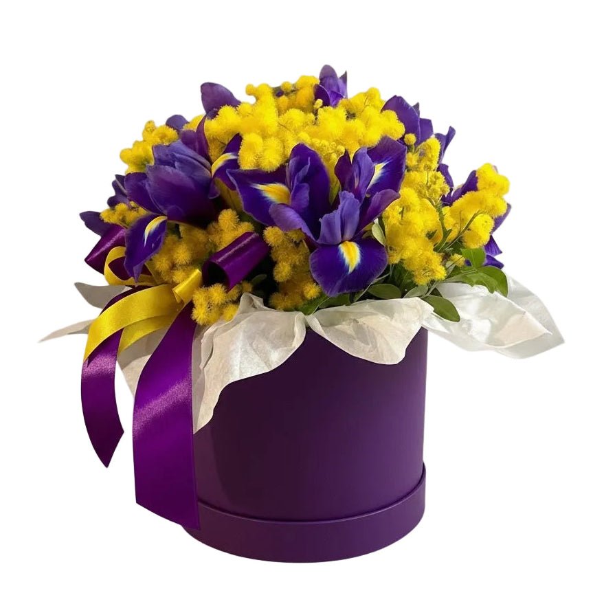 Mimosa with Irises Cute Box - Florist London