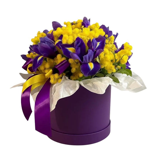 Mimosa with Irises Cute Box - Florist London
