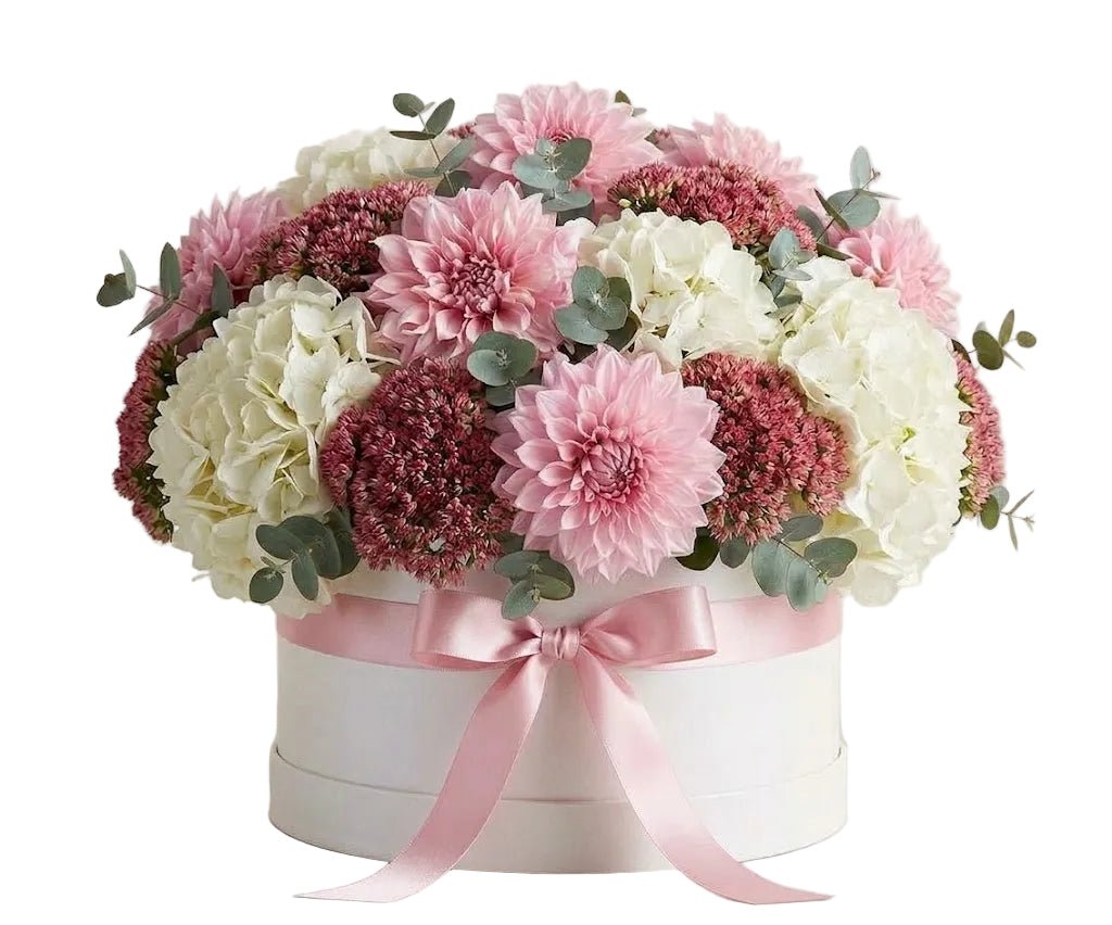 Modern Blush Dahlias with White Hydrangeas and Sedum Box - Florist London