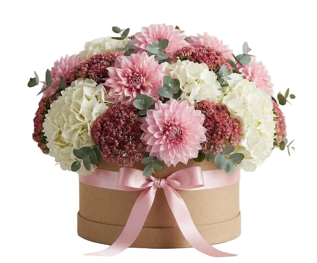 Modern Blush Dahlias with White Hydrangeas and Sedum Box - Florist London