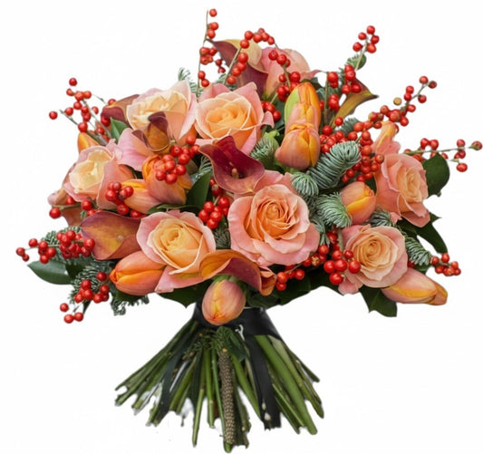 Peach and Red Berry Bouquet - Florist London