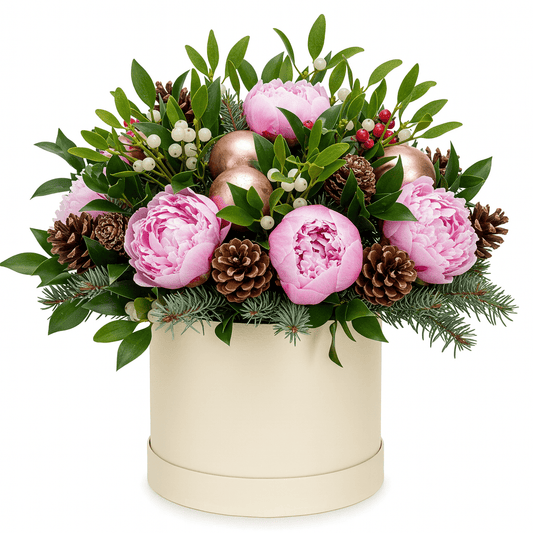 Pink Peonies with Rose Gold Baubles Xmas Box - Florist London