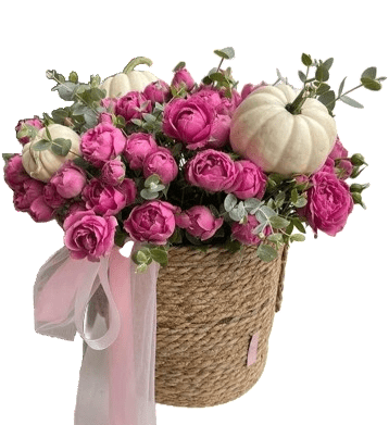 Pink Spray Roses with Mini Pumpkin Basket Arrangement - Florist London