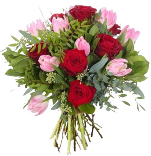 Pink Tulips and Roses Bouquet with Greenery - Florist London