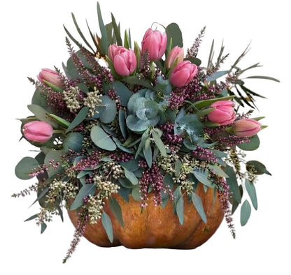 Pink Tulips with Heather Pretty Pumpkin - Florist London