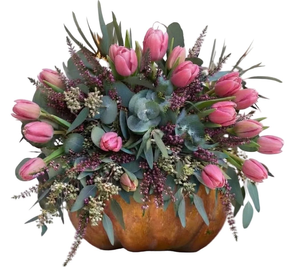 Pink Tulips with Heather Pretty Pumpkin - Florist London