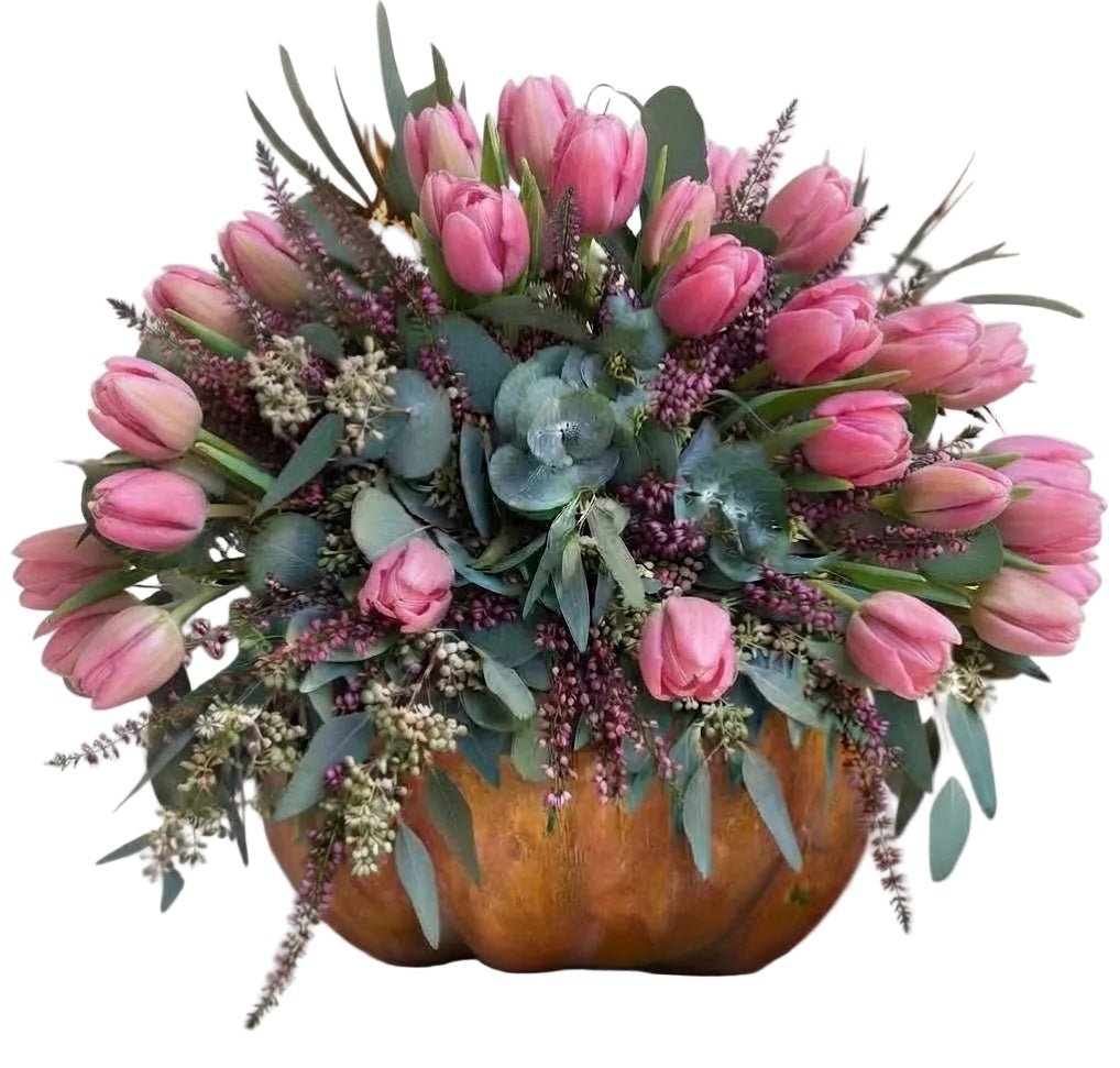Pink Tulips with Heather Pretty Pumpkin - Florist London