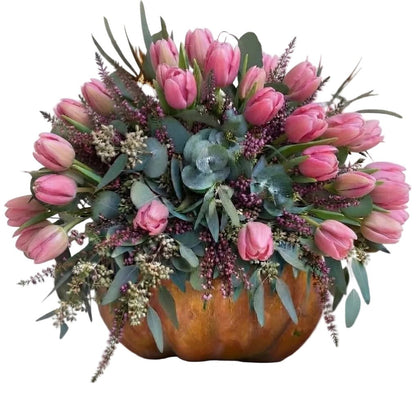 Pink Tulips with Heather Pretty Pumpkin - Florist London