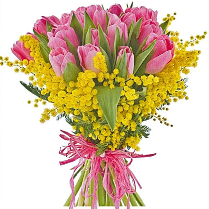 Pink Tulips with Mimosa Bouquet - Florist London
