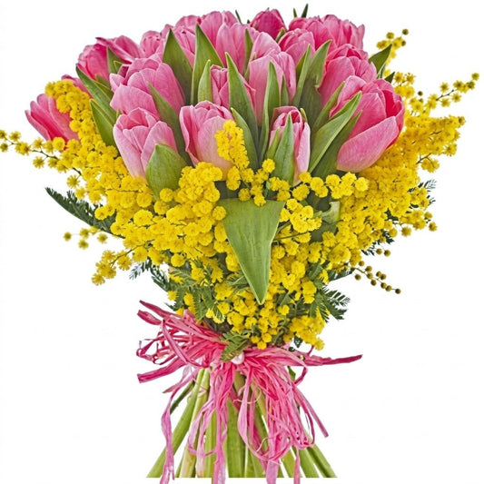 Pink Tulips with Mimosa Bouquet - Florist London