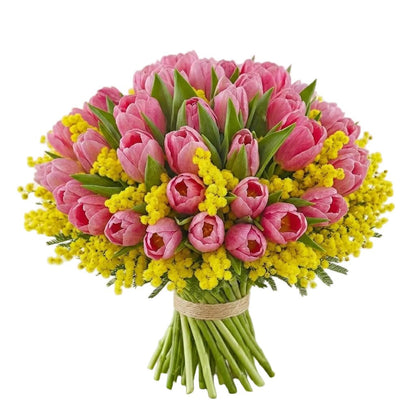 Pink Tulips with Mimosa Bouquet - Florist London
