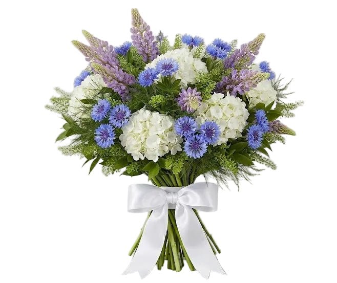 Pretty Bouquet Of Hydrangea with Cornflowers and Lupinus - Florist London