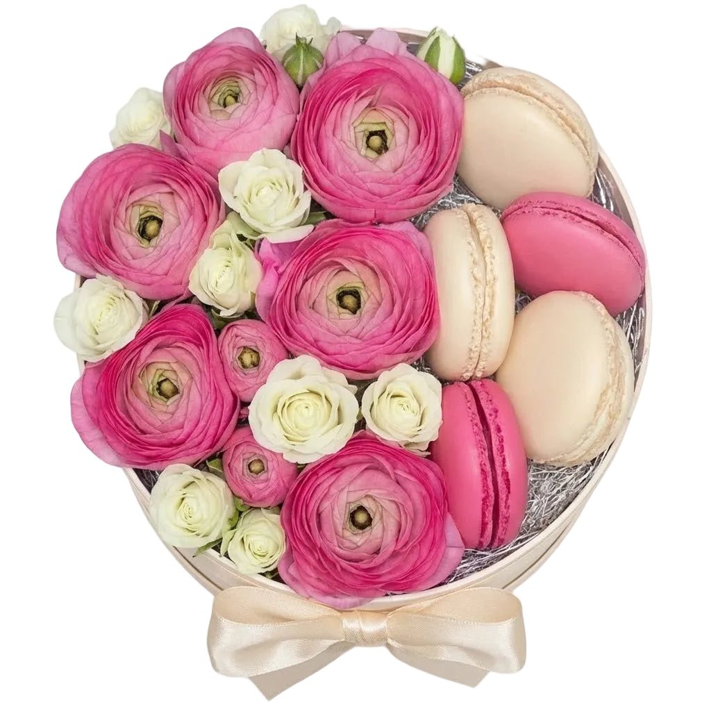 Pretty Box of Ranunculus and Macaroons - Florist London
