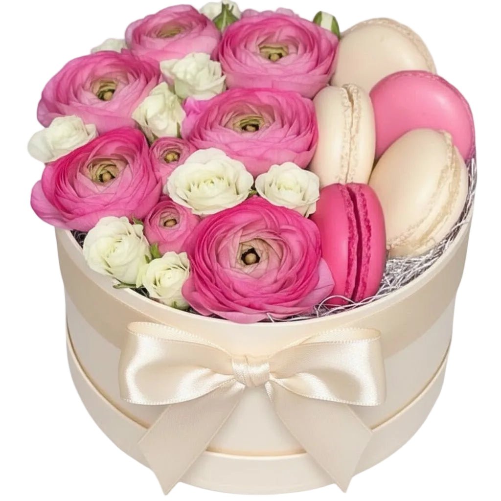 Pretty Box of Ranunculus and Macaroons - Florist London