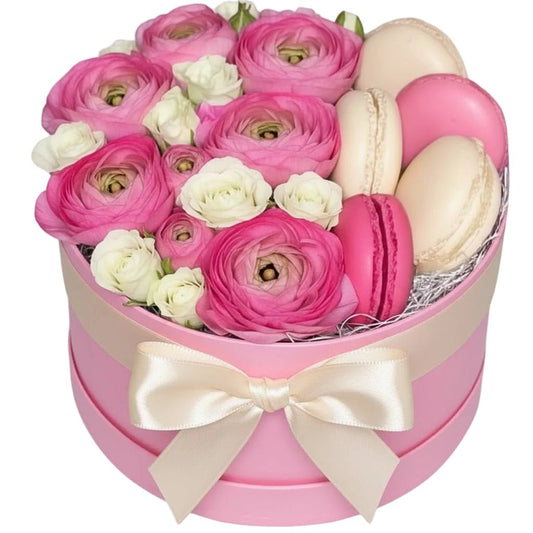 Pretty Box of Ranunculus and Macaroons - Florist London