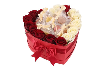 Pretty Box of white and Red Roses with Macaroons - Florist London