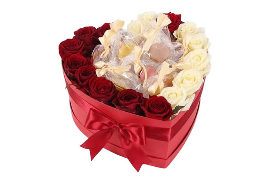 Pretty Box of white and Red Roses with Macaroons - Florist London