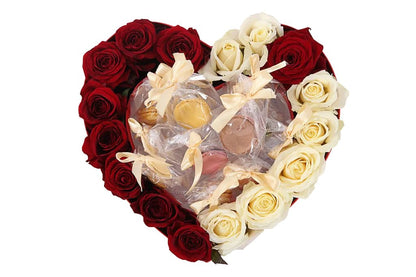 Pretty Box of white and Red Roses with Macaroons - Florist London