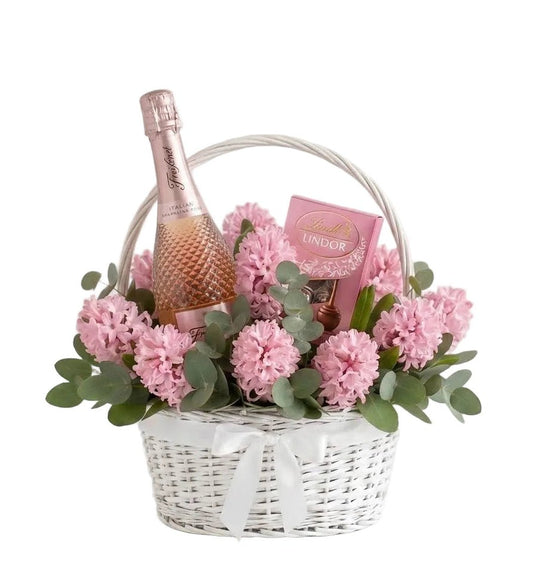 Pretty Hyacinth Hamper with Bottle off Alcohol and Chocolate Truffles - Florist London