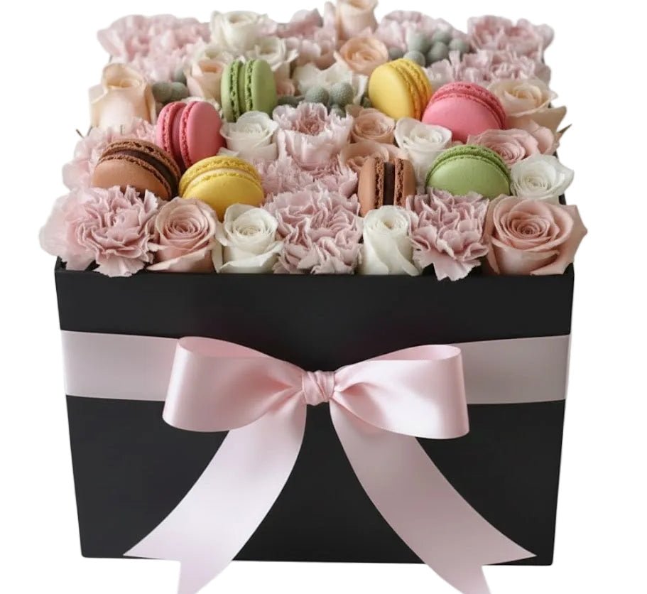 Pretty Pastel Flower Box with Luxury Macarons - Florist London