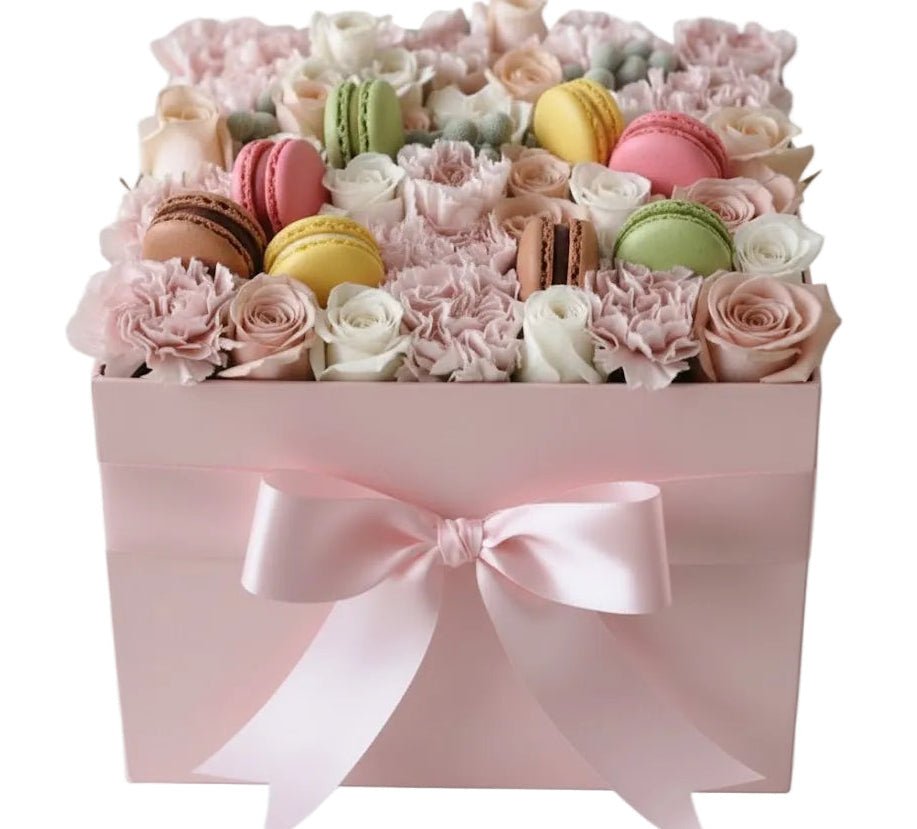 Pretty Pastel Flower Box with Luxury Macarons - Florist London