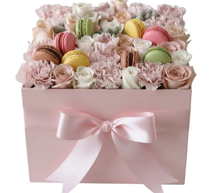 Pretty Pastel Flower Box with Luxury Macarons - Florist London