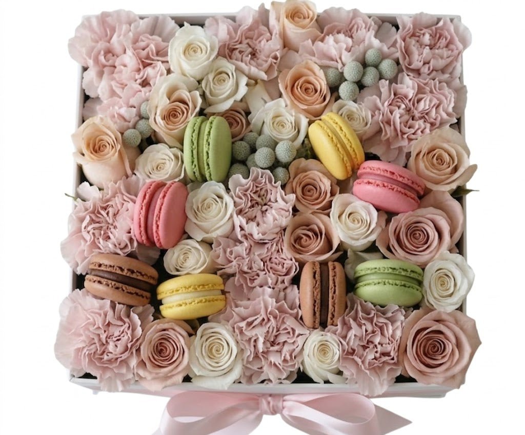 Pretty Pastel Flower Box with Luxury Macarons - Florist London