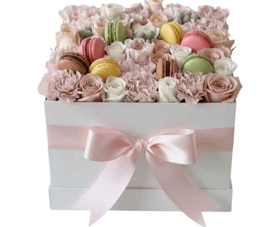 Pretty Pastel Flower Box with Luxury Macarons - Florist London