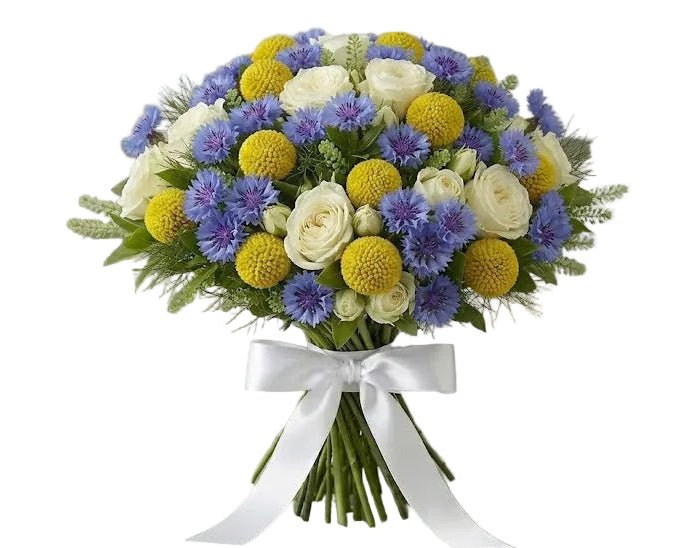 Pretty Sunny Bouquet with Cornflowers and Craspedia - Florist London