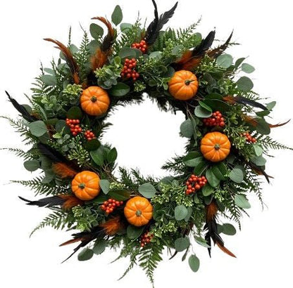 Pumpkin and Feathers Halloween Wreath - Florist London