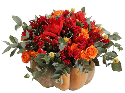 Pumpkin Arrangement of Amaryllis and Spray Roses