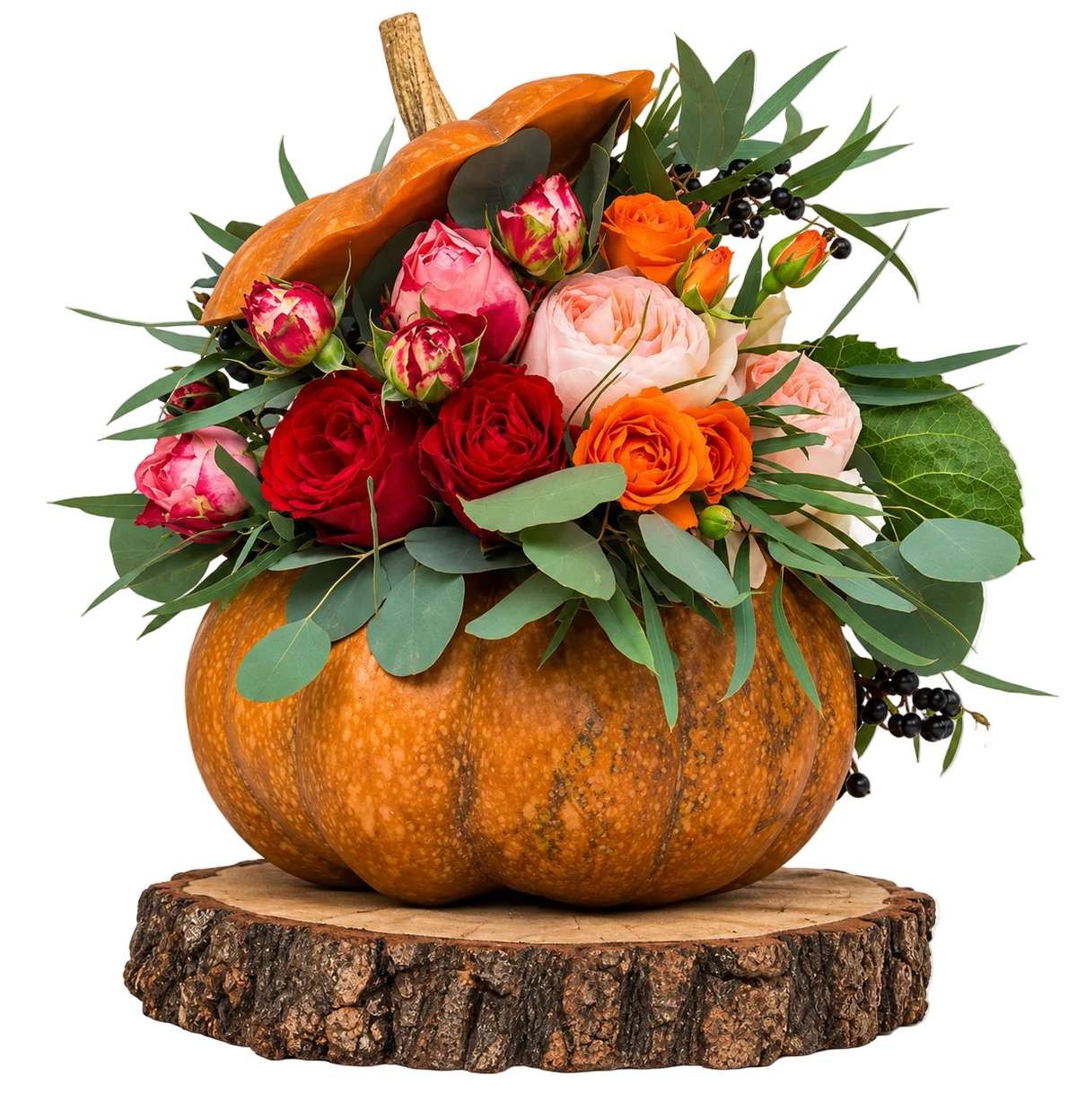 Pumpkin Flower Arrangement on Wood - Florist London