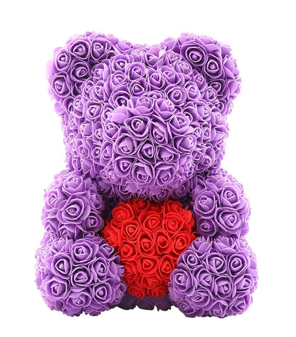 Purple Foam Rose Teddy Bear with Red Heart - Florist London