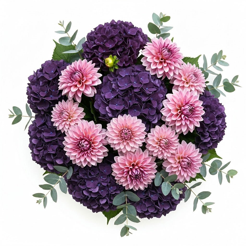 Purple Hydrangea and Dahlia with Greenery Bouquet - Florist London
