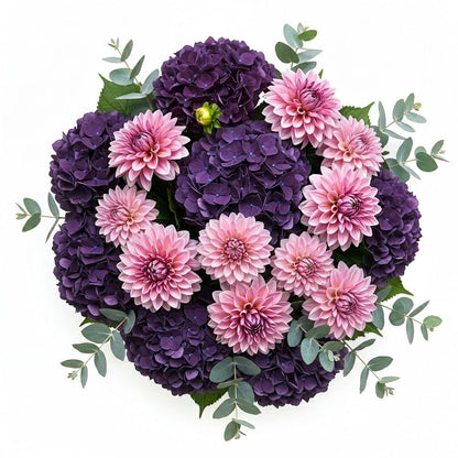 Purple Hydrangea and Dahlia with Greenery Bouquet - Florist London