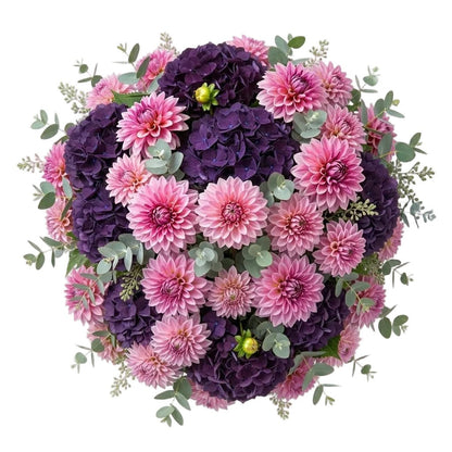 Purple Hydrangea and Dahlia with Greenery Bouquet - Florist London