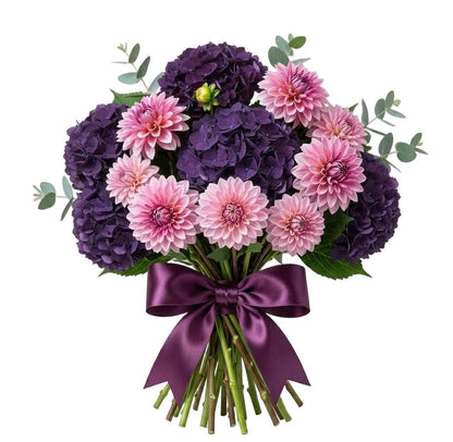 Purple Hydrangea and Dahlia with Greenery Bouquet - Florist London