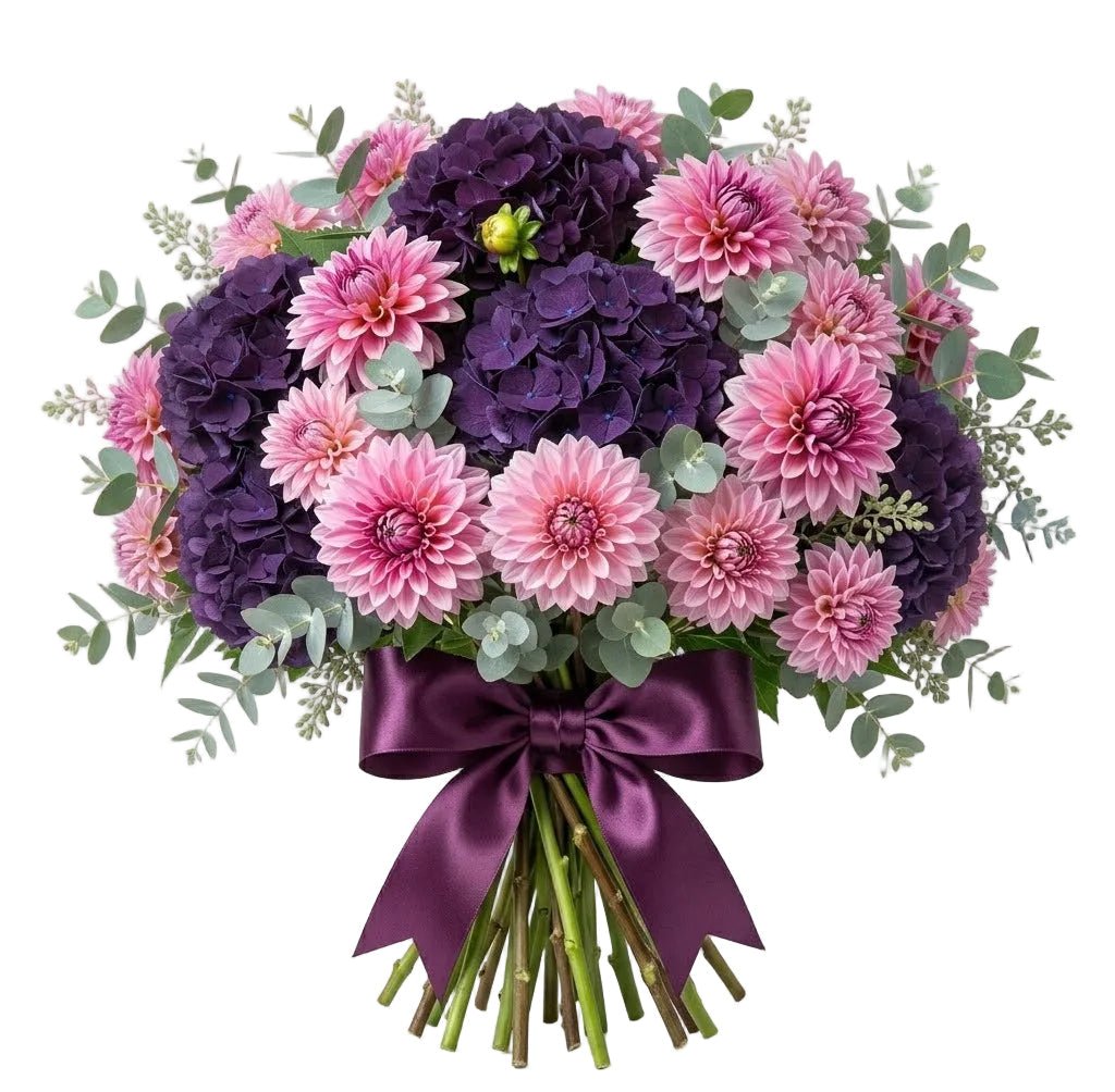 Purple Hydrangea and Dahlia with Greenery Bouquet - Florist London