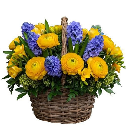 Ranunculus and Blue Hyacinth Basket - Florist London